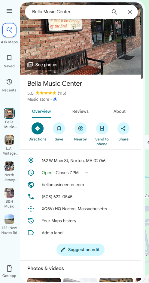Bella Music Center Google profile after the campaign showing 115 reviews