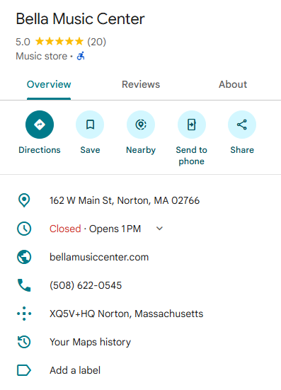 Bella Music Center Google profile before the campaign showing 20 reviews