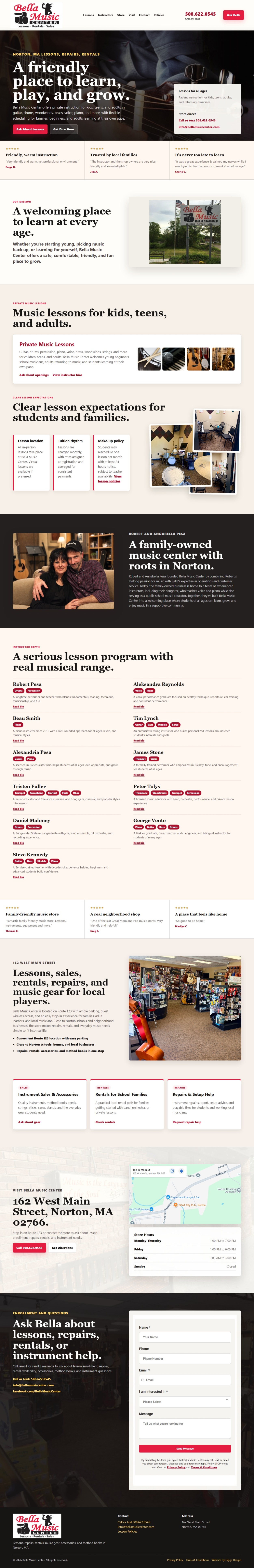 Full desktop view of the redesigned Bella Music Center website